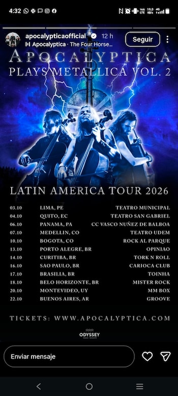 La filtración surgió tras una historia de Instagram con el itinerario mundial del grupo finlandés, donde se lee una presentación el 10 de octubre en el festival gratuito de Bogotá, aún sin aval de Idartes - crédito Apocalyptica/Instagram