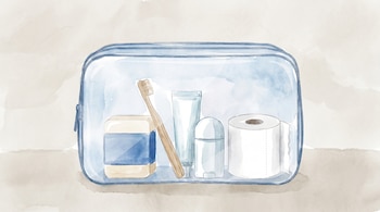 Ilustración en acuarela de un neceser transparente que contiene una barra de jabón, un cepillo de dientes, pasta dental, desodorante y un rollo de papel higiénico.
