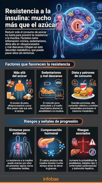 Infografía sobre resistencia a la insulina con un cuerpo humano, una célula y una llave, factores de estilo de vida (obesidad, fast food, sedentarismo) y riesgos asociados.