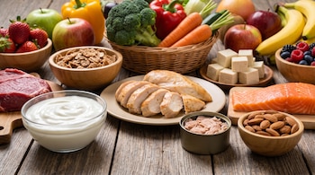 Alimentos variados sobre una mesa: carne cruda, yogur, pollo cocido, atún en lata, salmón, almendras, cereales, verduras surtidas, tofu, fresas, manzanas, plátanos y frutos del bosque.