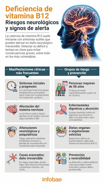 Infografía sobre deficiencia de vitamina B12 con un perfil de cabeza humana y sistema nervioso. Incluye paneles ilustrados sobre síntomas, grupos de riesgo y prevención.