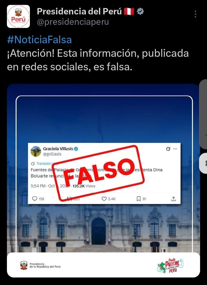Cuenta de X, plataforma antes conocida como Twitter, de la Presidencia del Perú.