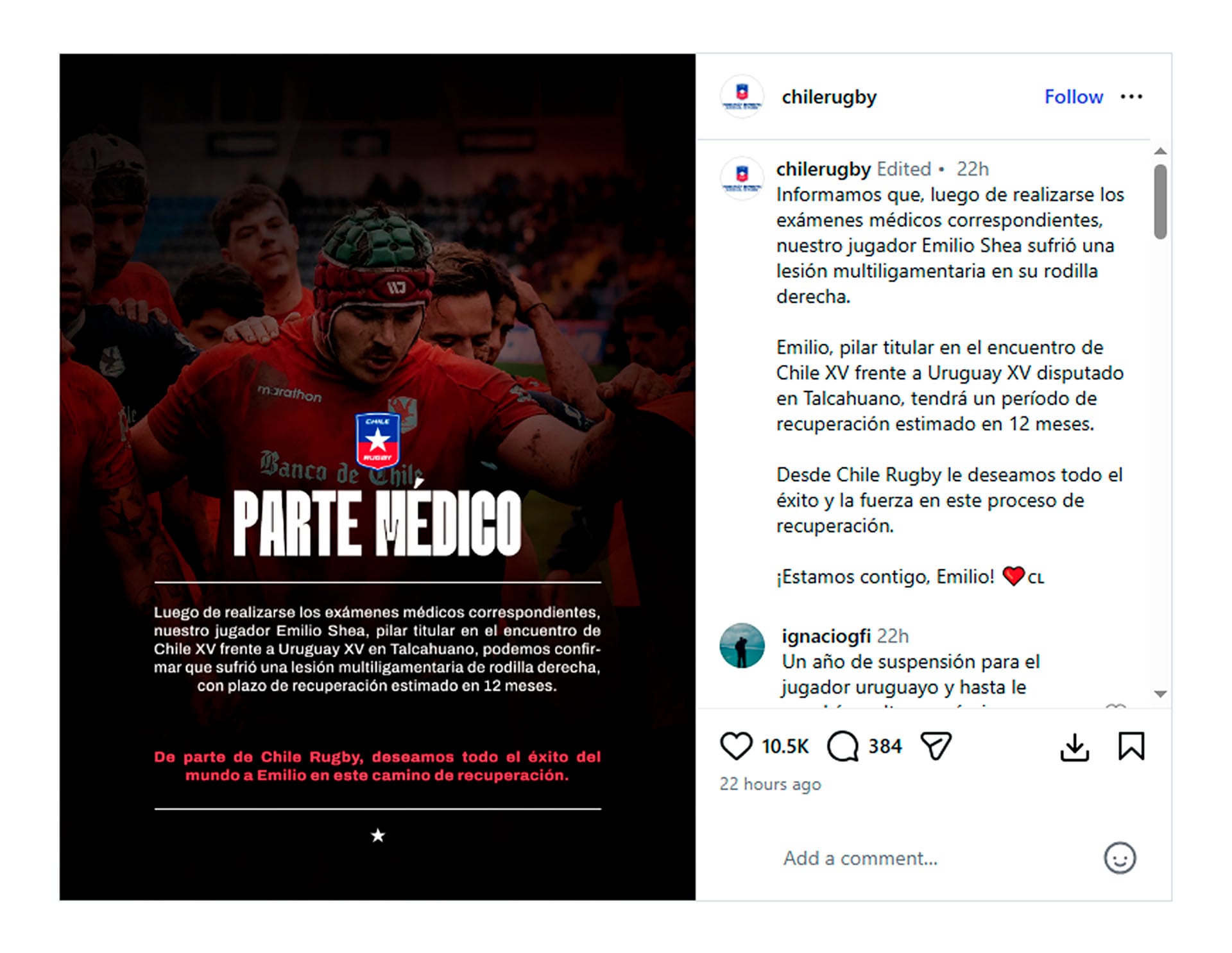 Un comunicado de Chile Rugby sobre la lesión de rodilla que sufrió el jugador Emilio Shea