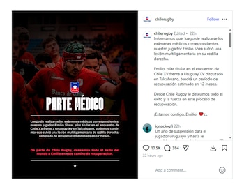 Captura de pantalla de una publicación de red social con el texto Parte Médico y la fotografía de un rugbista con casco protector verde