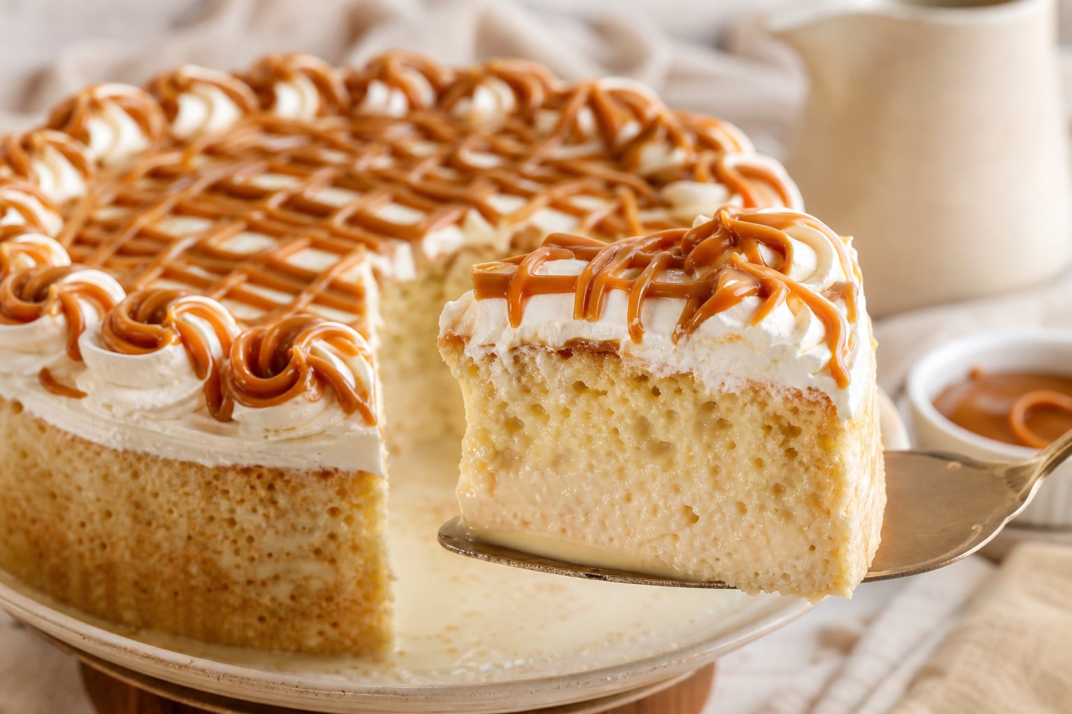 Una porción de pastel de tres leches con cobertura de crema y dulce de leche se retira del plato principal para ser servida. (Imagen Ilustrativa Infobae)