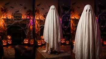 Tres encuadres de una persona cubierta con una sábana blanca con dos agujeros, en una sala con calabazas talladas encendidas y telarañas.