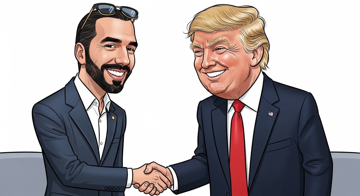 Una caricatura vibrante muestra a Nayib Bukele y Donald Trump estrechándose las manos con sonrisas, reflejando una relación de amistad y complicidad entre ambos líderes. (Imagen Ilustrativa Infobae)