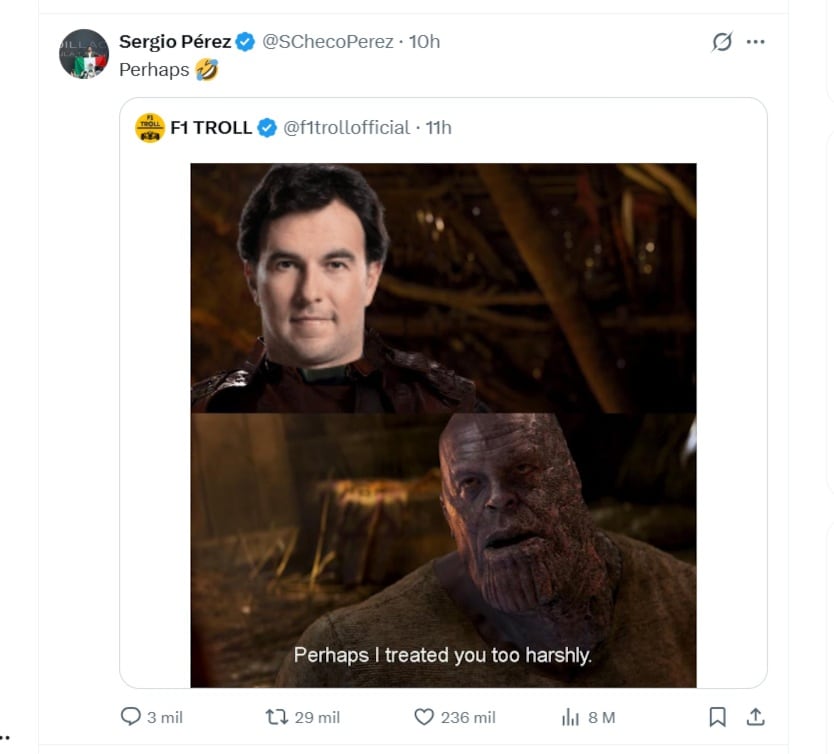 Así fue la reacción de Checo Pérez al término de la temporada 2025 de la F1 (X/ @SChecoPerez)