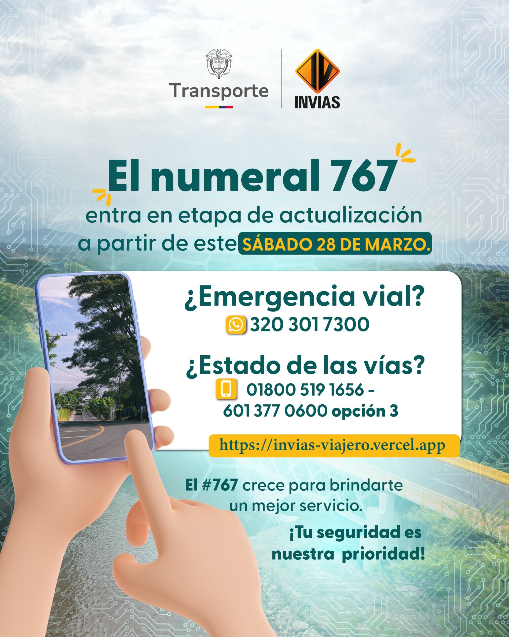 El canal WhatsApp 320 301 7300 y la plataforma 'Viajero Seguro' ofrecen información actualizada de emergencias y estado de vías en Colombia - crédito Invías