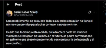 Noboa atribuye la decisión a diferencias profundas en la lucha contra el crimen organizado y el narcotráfico en la frontera norte - crédito @DanielNoboaOk/X