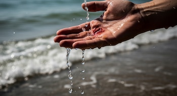Mano de persona con una herida abierta en la palma. Gotas de agua caen sobre la mano. El mar y la orilla desenfocados en el fondo.