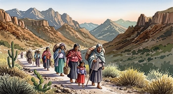 Grupo de ocho personas con bultos y cestas camina por un sendero entre montañas, con vegetación desértica y cactáceas.