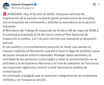 Antonio Sanguino, ministro del Trabajo, dijo que solicitó al juzgado que se examinen integralmente las respuestas emitidas y se revoque la sanción - crédito @AntonioSanguino/X