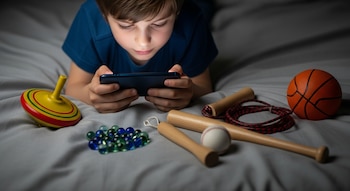 Niño en cama con celular, trompo, canicas de vidrio, soga para saltar, pelota de baloncesto y bate de béisbol.