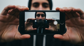 Manos sujetan un teléfono móvil horizontal. En la pantalla se ve un reflejo de un hombre con gorro que sostiene un teléfono con una interfaz de cámara activa.
