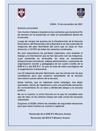 El comunicado del colegio
