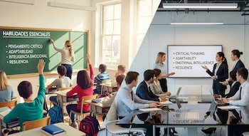 Imagen dividida: un aula con maestra y alumnos frente a un pizarrón con 'Habilidades Esenciales', y una sala de reuniones con profesionales y una pantalla con habilidades.