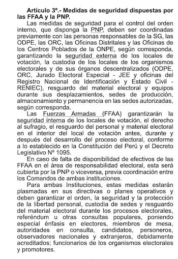 Un documento impreso con párrafos de texto en negro titulados Artículo tercero sobre medidas de seguridad