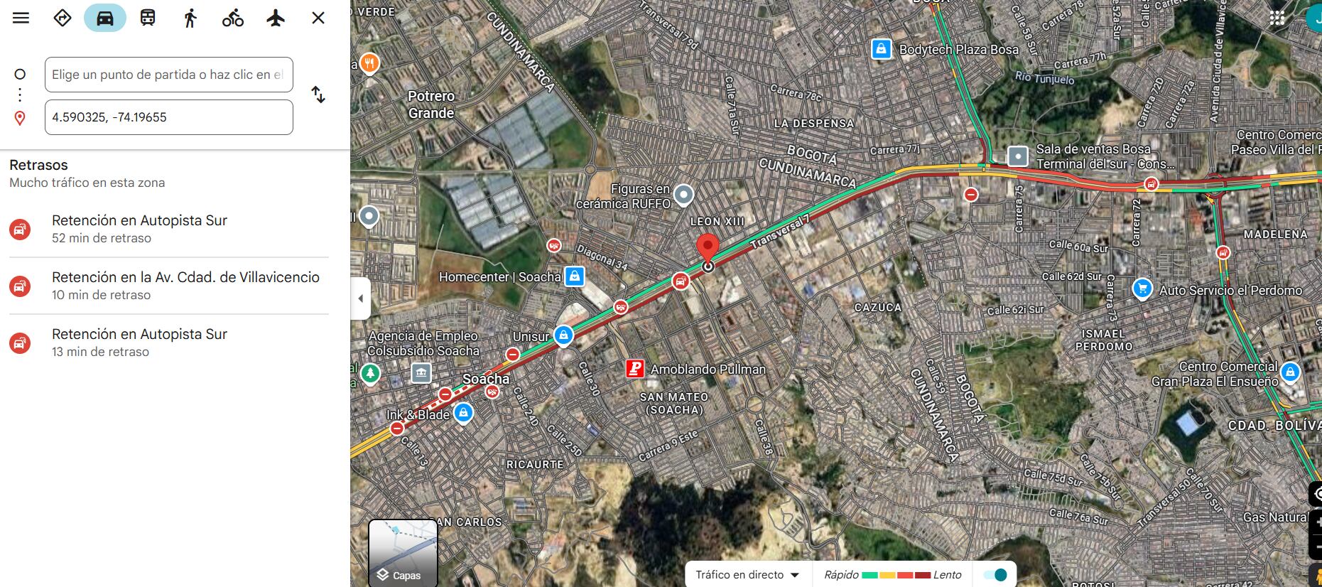 Así es la longitud del trancón causado por un accidente fatal en la autopista sur - crédito Google Maps