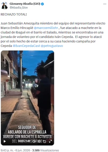 Giovanny Abadía repudió el ataque y pidió protección efectiva para quienes participan en jornadas electorales - crédito @Abadia_Giov/X