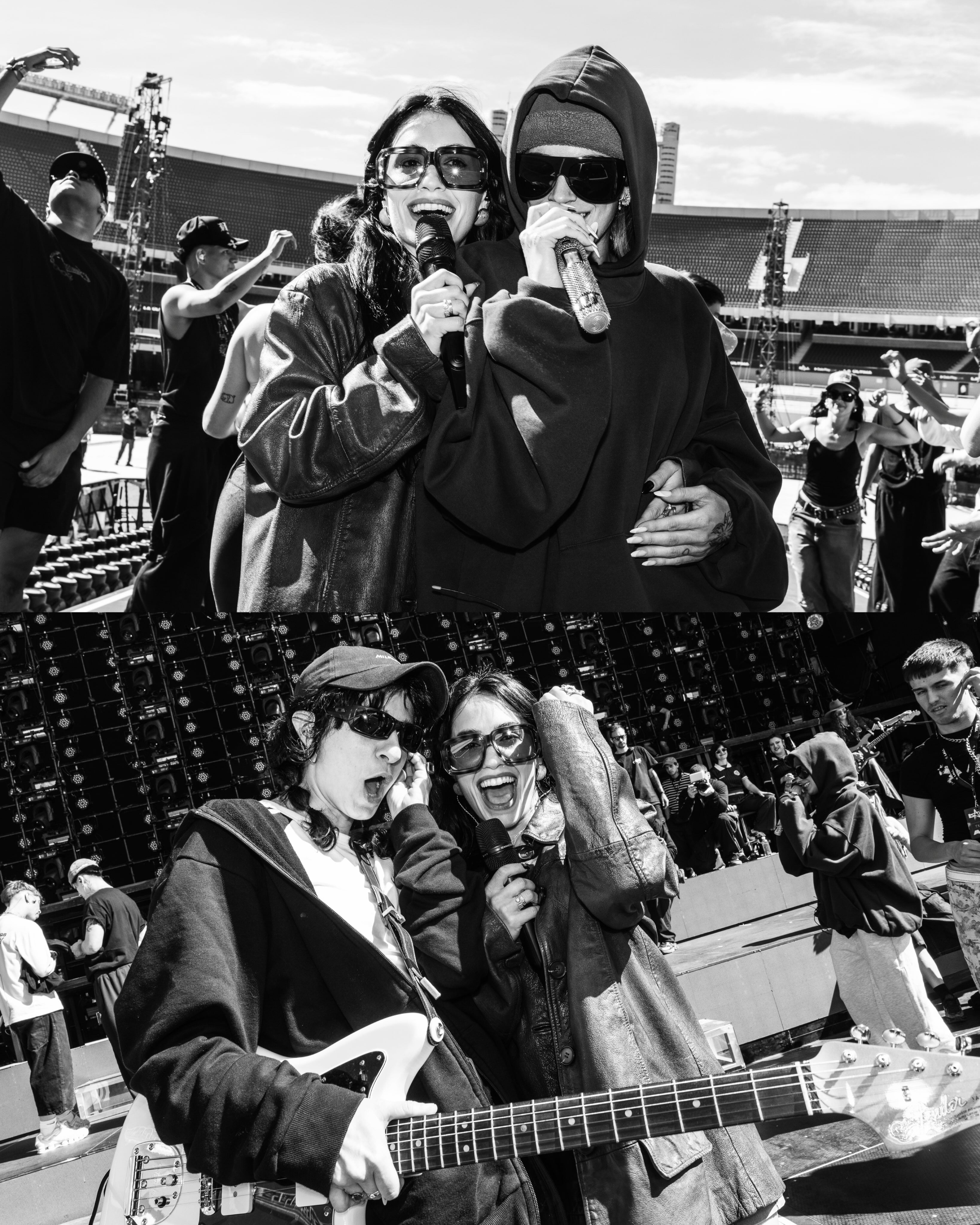 La cantante Lali Espósito realiza las pruebas de sonido en el escenario del estadio de River Plate junto a otros músicos.
