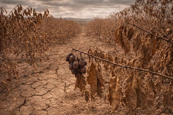 Campo de café devastado por la sequía, con filas de plantas de hojas marrones y secas. El suelo árido está agrietado. Granos de café secos cuelgan de una rama.