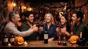Cinco personas sonrientes brindan con copas de vino tinto frente a una botella, calabazas talladas y telarañas decorativas en un bar.