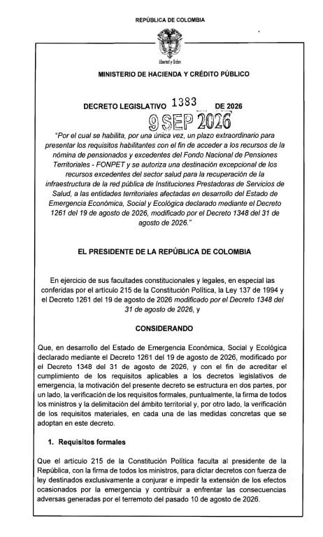 El Decreto 1383 permite a las entidades territoriales afectadas acceder de forma excepcional a excedentes del Fondo Nacional de Pensiones Territoriales (Fonpet)- crédito Dapre