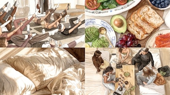 Ilustración de acuarela con cuatro escenas: mujeres haciendo ejercicio, una mesa con comida saludable, una cama con sábanas y mujeres relajándose.