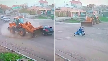 Se conoció un nuevo video del hombre que manejó borracho una retroexcavadora y casi atropella a un motociclista