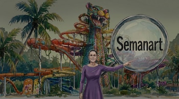 Ilustración de una mujer en vestido morado señalando un letrero circular con "Semanart" frente a un parque acuático con toboganes y una cabeza de jaguar de colores sobrios.
