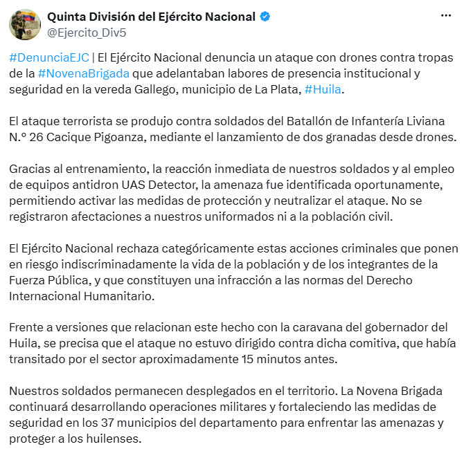 El Ejército aclaró que la caravana del gobernador pasó por el sector 15 minutos antes del ataque. - crédito @Ejercito_Div5/X
