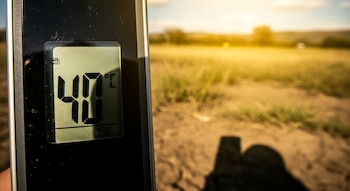 Primer plano de un termómetro digital mostrando 40°C, sostenido por una mano, con un campo seco y soleado en el fondo.