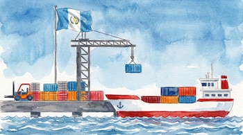 Una bandera de Guatemala en un mástil, una grúa portuaria con un contenedor, un barco de carga con contenedores, un muelle con contenedores y una carretilla elevadora.