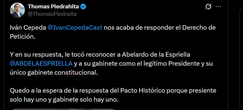 Thomas Piedrahita señaló que Iván Cepeda habría reconocido, en sus respuestas, la legitimidad de Abelardo de la Espriella como presidente de Colombia - crédito @ThomasPiedraita/X