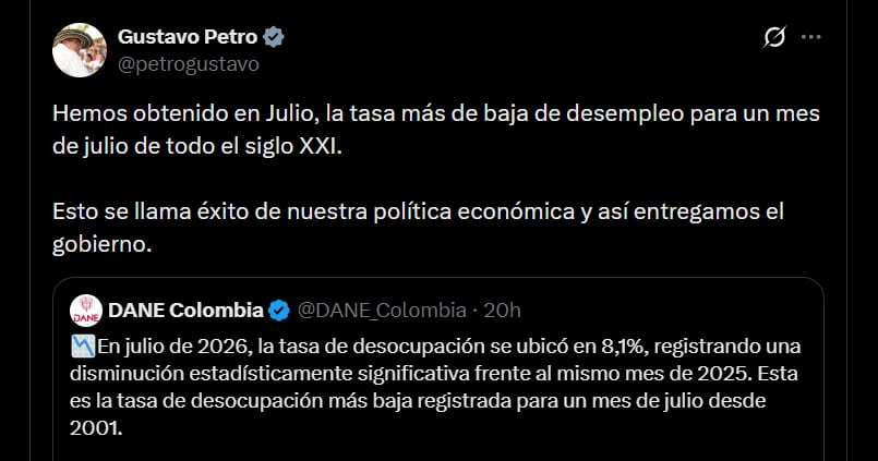 Gustavo Petro destacó la reducción del desempleo en Colombia, que atribuyó a su política económica - crédito @petrogustavo/X