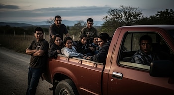 Diez personas de aspecto centroamericano, incluyendo hombres y mujeres, viajan en y alrededor de una camioneta roja en una carretera de tierra rural al anochecer.