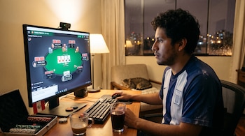 Un hombre sentado frente a un monitor con una partida de póquer en pantalla, con fichas, vasos sobre el escritorio y un gato dormido al fondo.