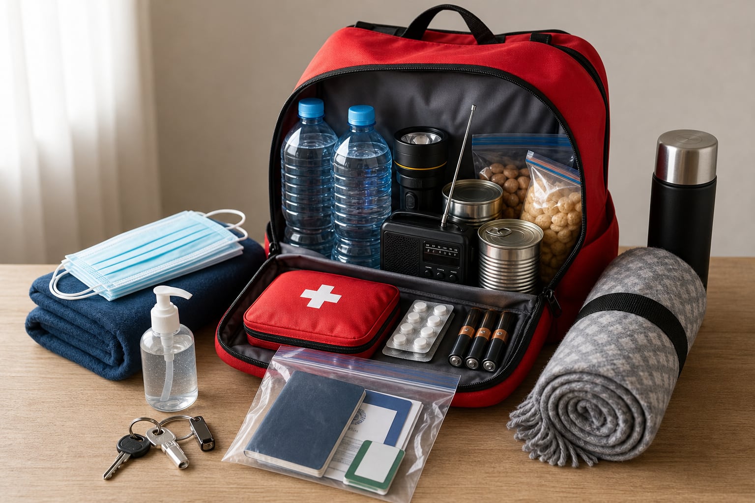 Una mochila de emergencia reúne suministros fundamentales como agua, alimentos, botiquín de primeros auxilios y documentos protegidos sobre una mesa. (Imagen Ilustrativa Infobae)