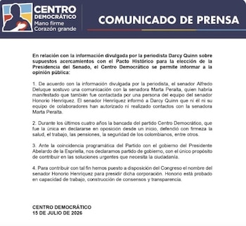 El partido Centro Democrático negó que exista un canal de acercamiento con el Pacto Histórico para definir la elección de la Presidencia del Senado - crédito @CeDemocratico/X
