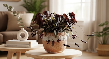 Primer plano de una Flor murciélago en una maceta de terracota texturizada sobre una mesa de madera. Se aprecian hojas oscuras, flores colgantes y un jarrón en el fondo.