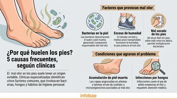 Infografía con ilustraciones de pies, bacterias, hongos, calzado y una toalla, junto a textos explicativos sobre causas del mal olor.