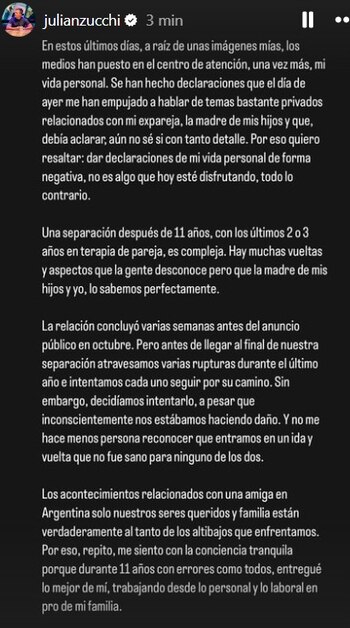 Comunicado de Julián Zucchi. Captura/Instagram