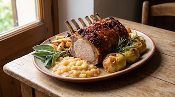 Un carré de cerdo asado en bandeja con puré de manzanas, dos manzanas enteras, vegetales asados, hojas de salvia y ramas de romero sobre una mesa de madera.