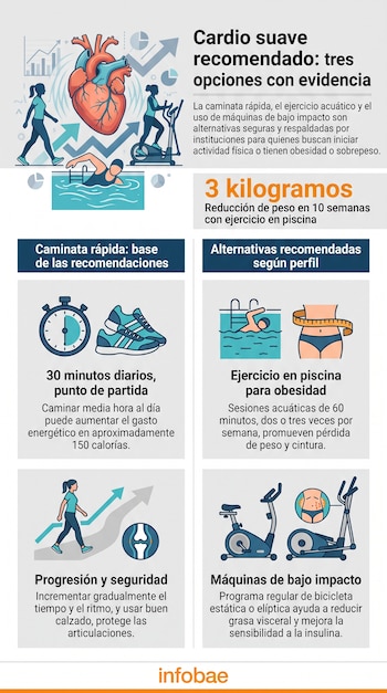 Infografía con un corazón, personas caminando, nadando y en elíptica, cronómetro, zapatillas, silueta con cinta métrica, articulación, bicicleta estática, elíptica y textos.