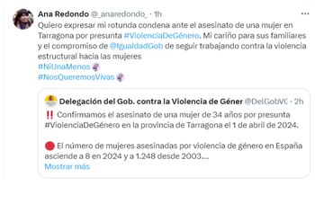Mensaje en la red social X de la ministra Ana Redondo.