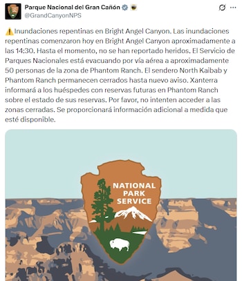 Captura de pantalla de una publicación en red social con un aviso en texto y el emblema del Servicio de Parques Nacionales sobre un paisaje