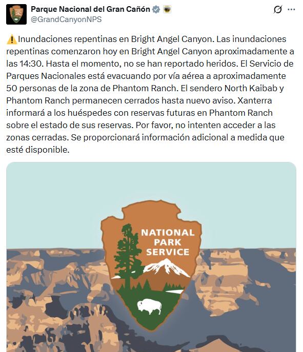 El Servicio Meteorológico Nacional advirtió que el caudal siguió alto cerca de Phantom Ranch y The Transept aun después de que terminara la lluvia (X/National Park Service)