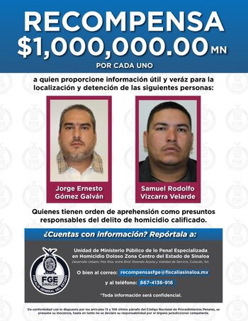 Recompensa por presuntos asesinos del