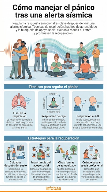 Infografía sobre cómo manejar el pánico tras una alerta sísmica. Incluye ilustraciones de personas abrazándose, meditando, diagramas de pulmones y técnicas de respiración.